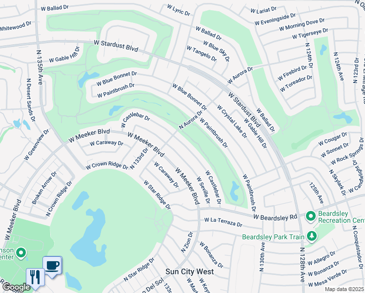 map of restaurants, bars, coffee shops, grocery stores, and more near 13023 West Castlebar Drive in Sun City West