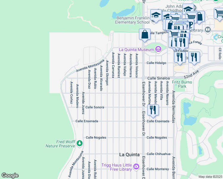 map of restaurants, bars, coffee shops, grocery stores, and more near 51945 Avenue Carranza in La Quinta