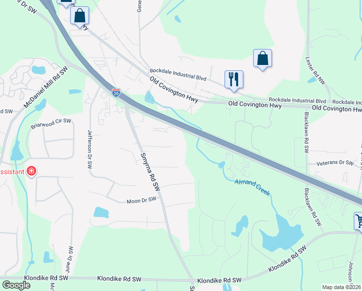 map of restaurants, bars, coffee shops, grocery stores, and more near 736 Smyrna Road Southwest in Conyers