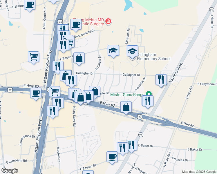 map of restaurants, bars, coffee shops, grocery stores, and more near 3102 Northpoint Road in Sherman