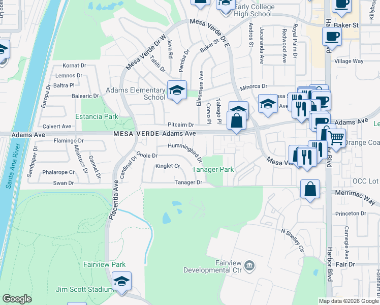 map of restaurants, bars, coffee shops, grocery stores, and more near 1795 Hummingbird Drive in Costa Mesa