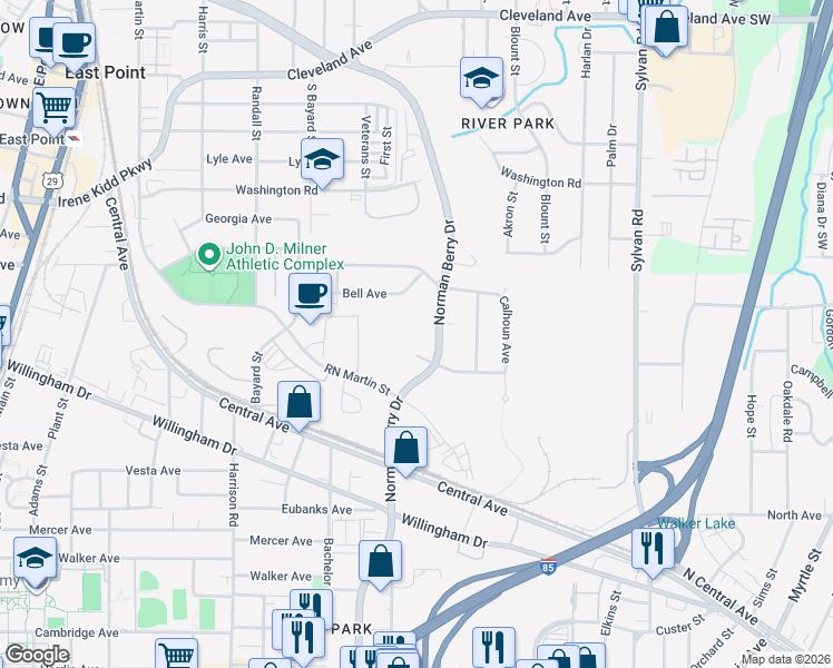 map of restaurants, bars, coffee shops, grocery stores, and more near 3121 Norman Berry Drive in Atlanta