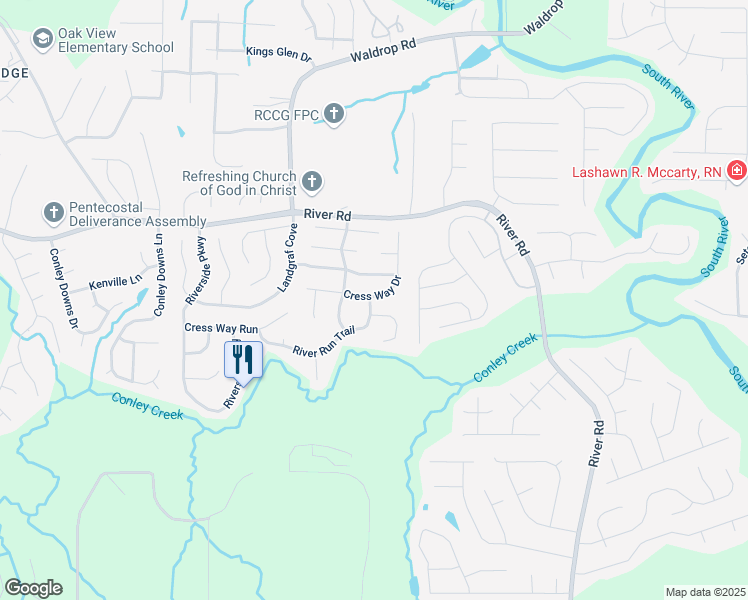 map of restaurants, bars, coffee shops, grocery stores, and more near 3419 River Run Trail in Decatur