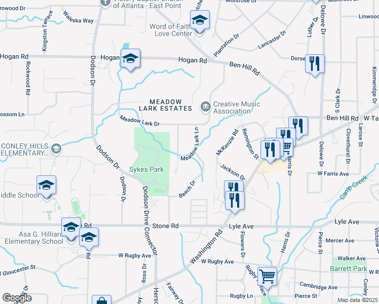 map of restaurants, bars, coffee shops, grocery stores, and more near 3095 Meadow Lark Lane in Atlanta