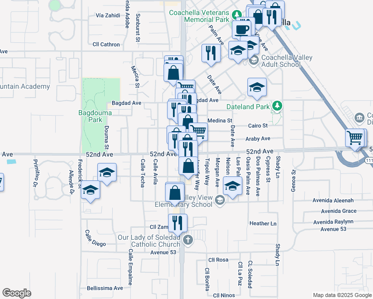 map of restaurants, bars, coffee shops, grocery stores, and more near in Coachella