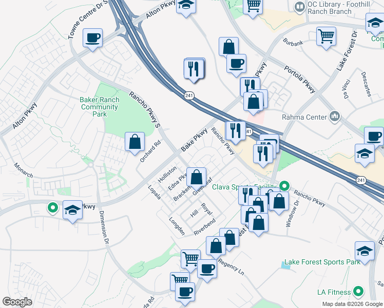 map of restaurants, bars, coffee shops, grocery stores, and more near 101 Red Oak in Lake Forest