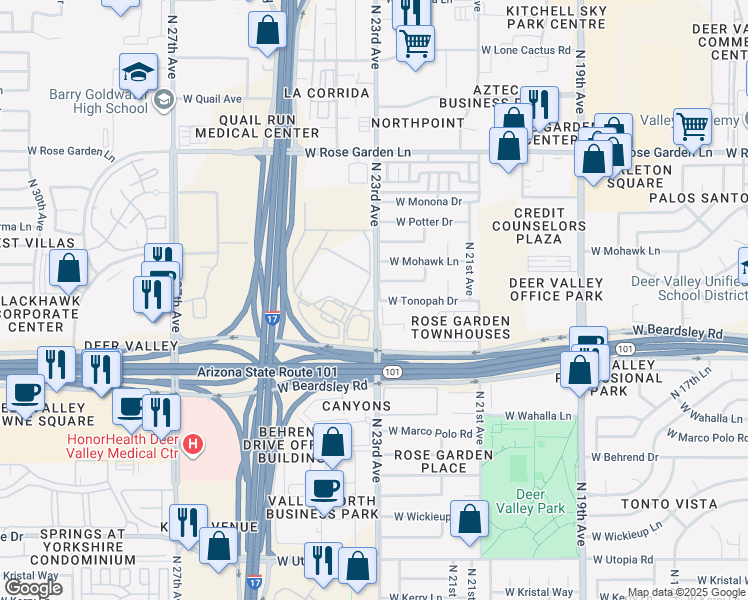 map of restaurants, bars, coffee shops, grocery stores, and more near 20277 North 23rd Avenue in Phoenix
