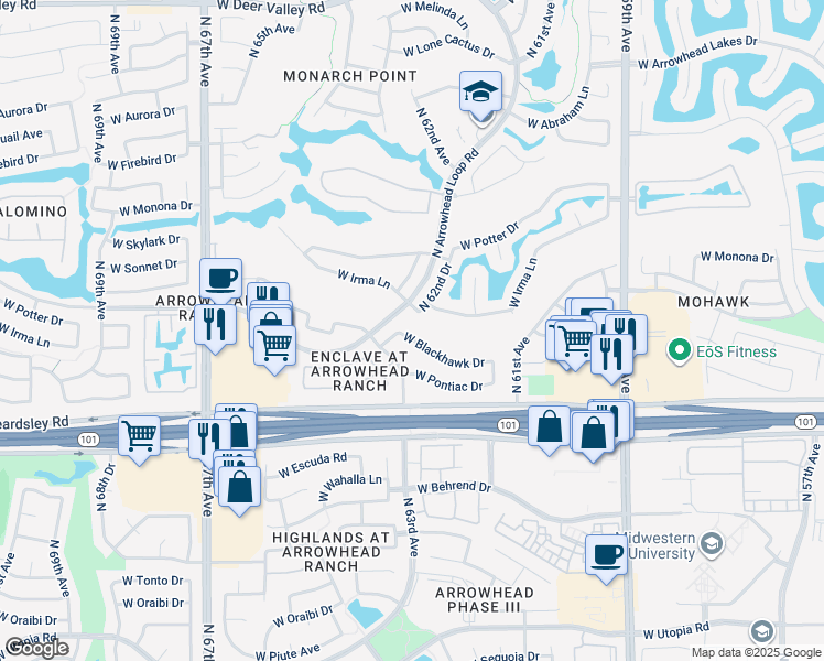 map of restaurants, bars, coffee shops, grocery stores, and more near 6277 West Blackhawk Drive in Glendale