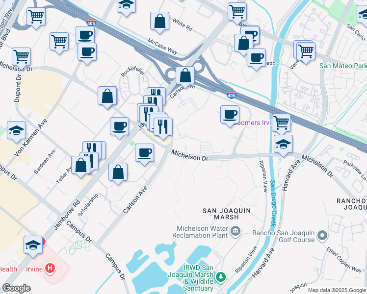 map of restaurants, bars, coffee shops, grocery stores, and more near 3311 Michelson Drive in Irvine
