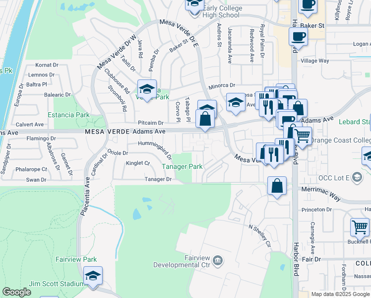map of restaurants, bars, coffee shops, grocery stores, and more near 2741 Starbird Drive in Costa Mesa