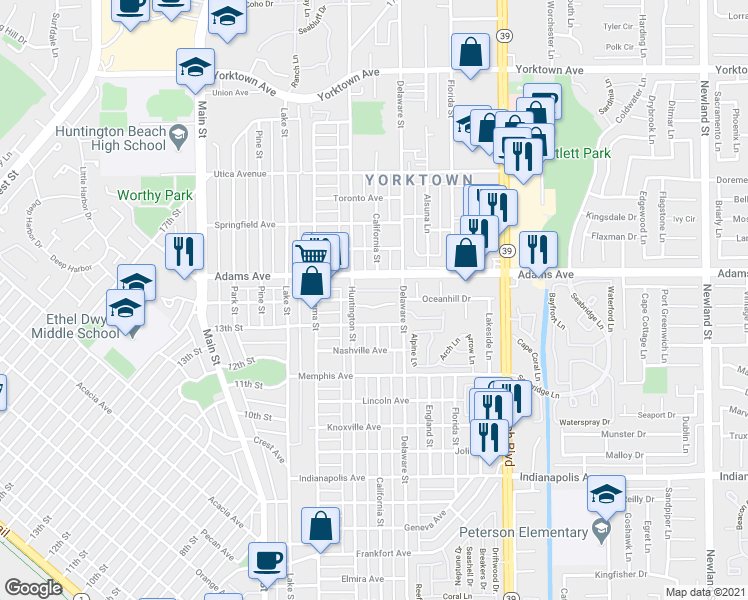 map of restaurants, bars, coffee shops, grocery stores, and more near 331 Oswego Avenue in Huntington Beach