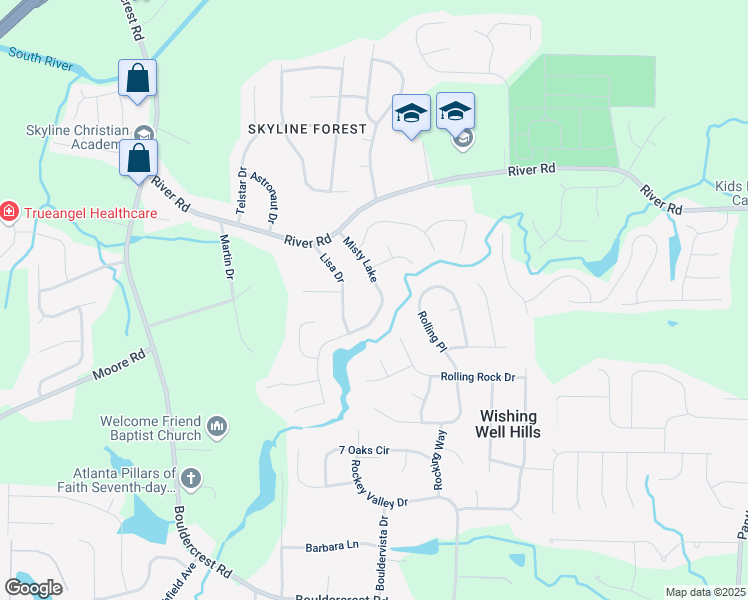 map of restaurants, bars, coffee shops, grocery stores, and more near 3803 Misty Lake in Ellenwood