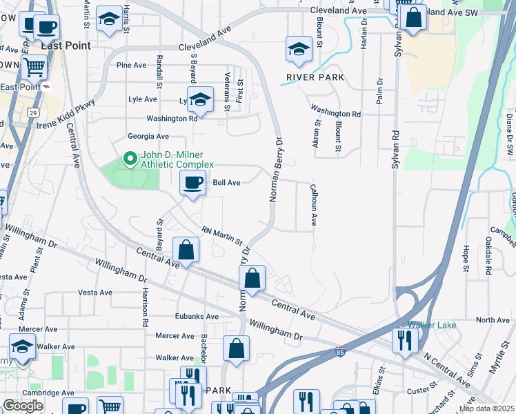 map of restaurants, bars, coffee shops, grocery stores, and more near 3121 Norman Berry Drive in Atlanta