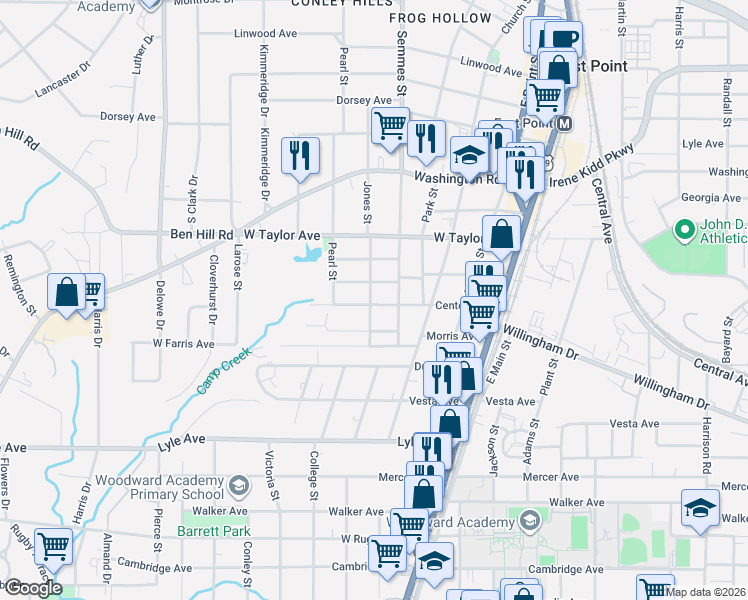 map of restaurants, bars, coffee shops, grocery stores, and more near 1821 Phillips Avenue in East Point