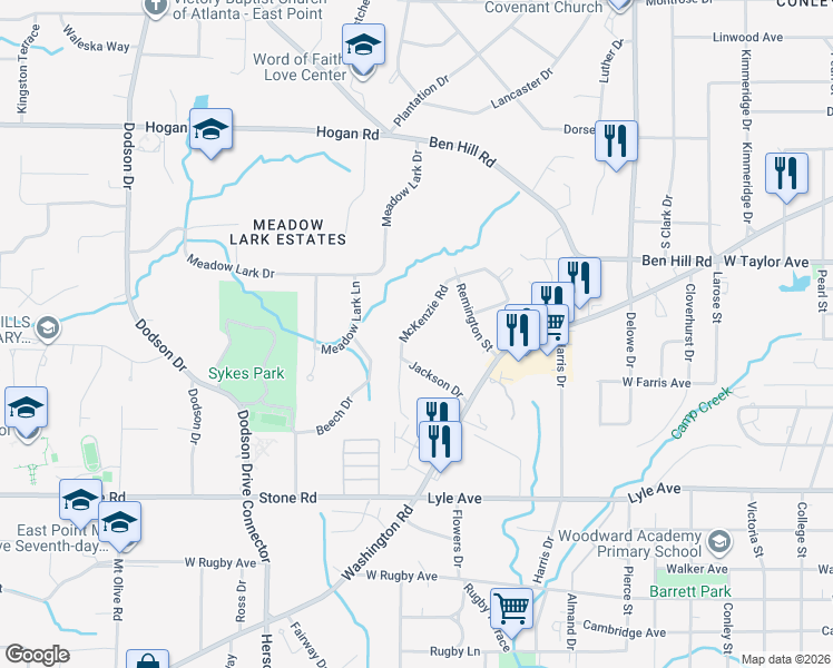 map of restaurants, bars, coffee shops, grocery stores, and more near 3062 McKenzie Road in Atlanta