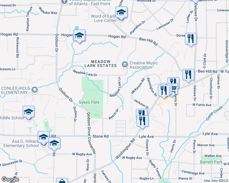 map of restaurants, bars, coffee shops, grocery stores, and more near 3095 Meadow Lark Lane in Atlanta