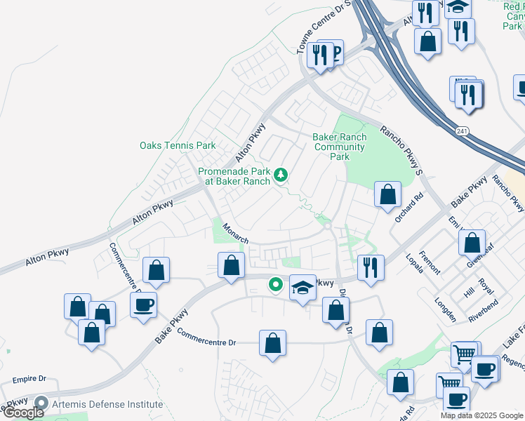 map of restaurants, bars, coffee shops, grocery stores, and more near 46 Caspian in Lake Forest