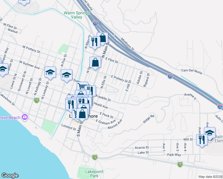 map of restaurants, bars, coffee shops, grocery stores, and more near 339 North Chestnut Street in Lake Elsinore