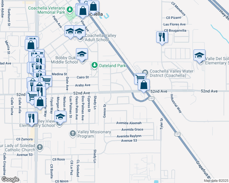 map of restaurants, bars, coffee shops, grocery stores, and more near Avenue 52 in Coachella