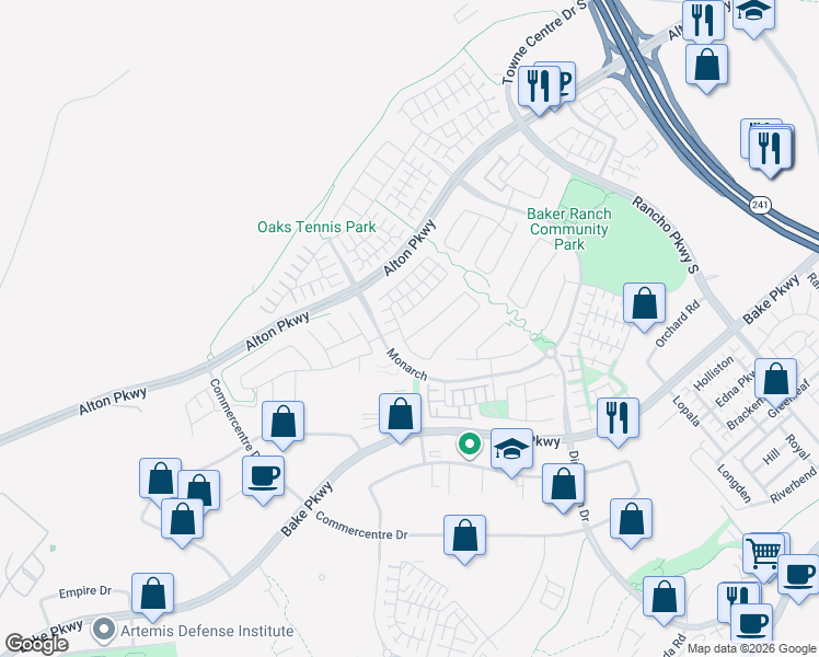 map of restaurants, bars, coffee shops, grocery stores, and more near 39 Barberry in Lake Forest