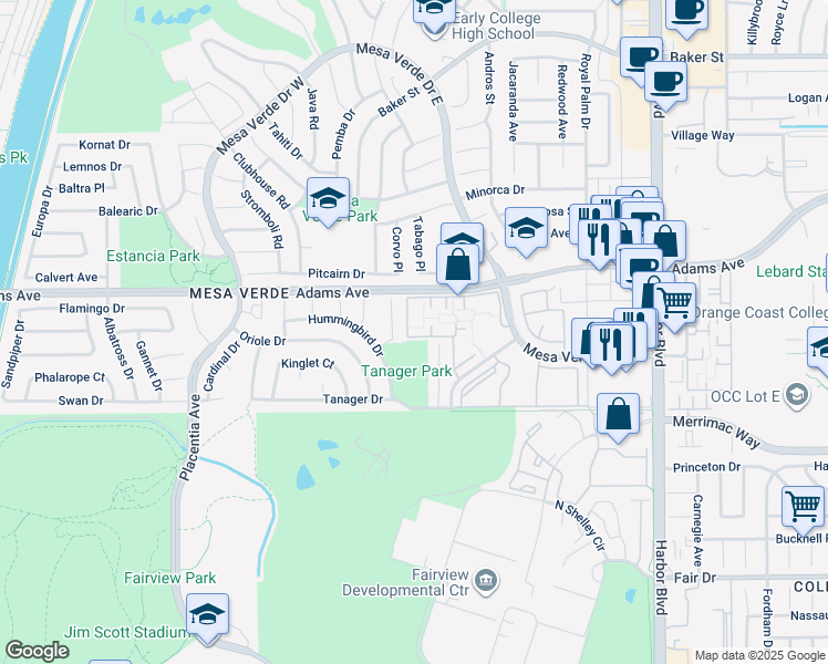 map of restaurants, bars, coffee shops, grocery stores, and more near 2741 Starbird Drive in Costa Mesa