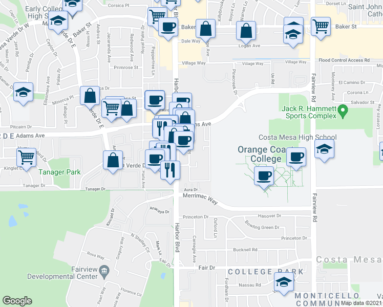 map of restaurants, bars, coffee shops, grocery stores, and more near 50 Peterson Place in Costa Mesa