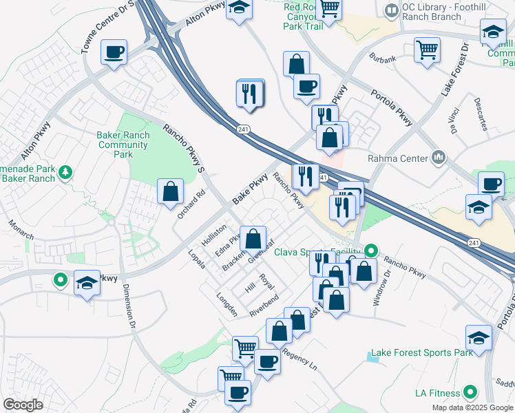 map of restaurants, bars, coffee shops, grocery stores, and more near 130 Paddlewheel in Lake Forest