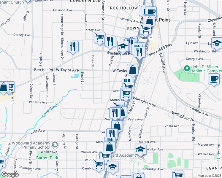 map of restaurants, bars, coffee shops, grocery stores, and more near 1763 Center Avenue in Atlanta