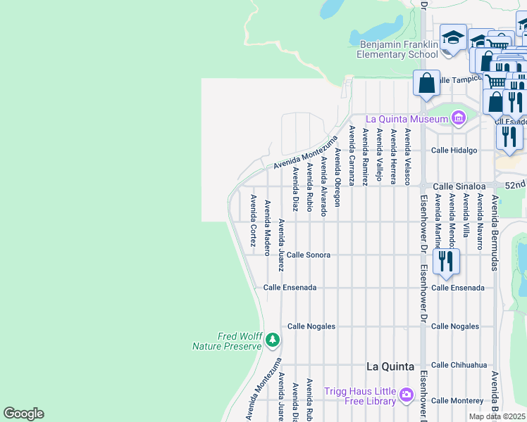 map of restaurants, bars, coffee shops, grocery stores, and more near Avenue Madero in La Quinta