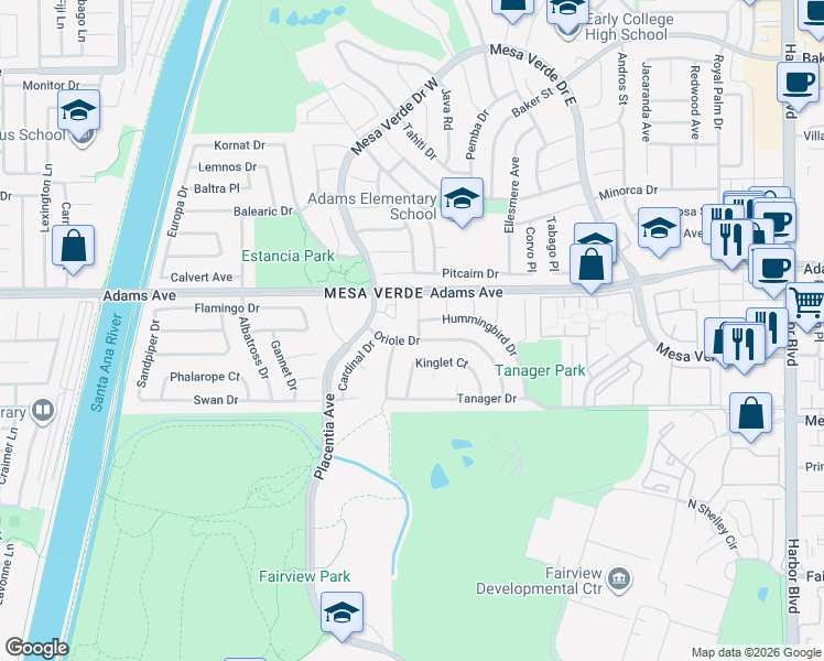 map of restaurants, bars, coffee shops, grocery stores, and more near 2761 Bunting Circle in Costa Mesa