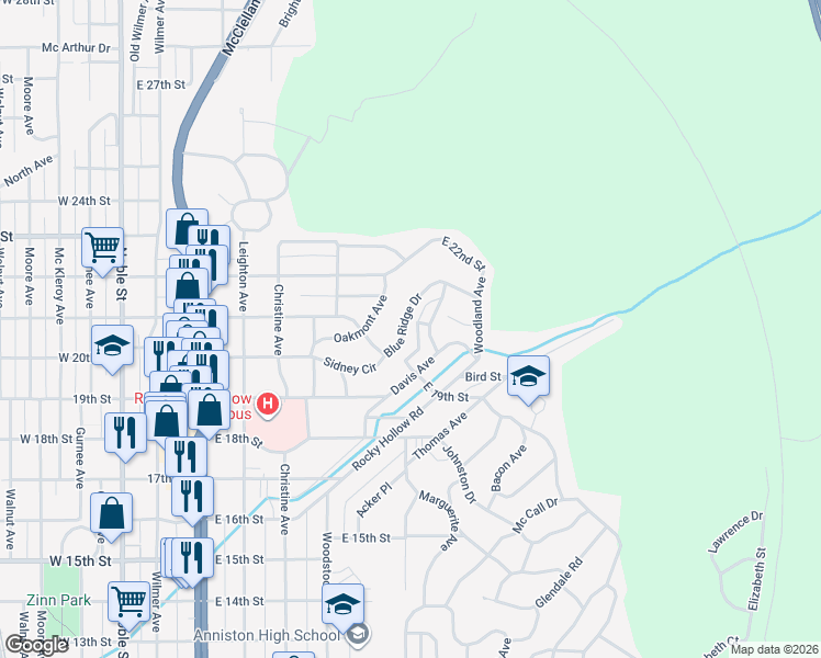 map of restaurants, bars, coffee shops, grocery stores, and more near 1931 Dellwood Court in Anniston