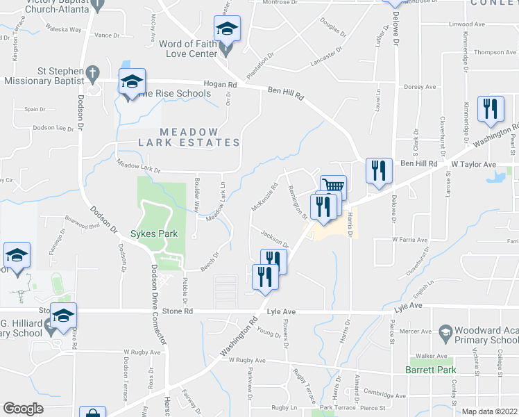 map of restaurants, bars, coffee shops, grocery stores, and more near 3062 McKenzie Road in Atlanta