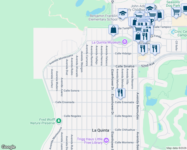 map of restaurants, bars, coffee shops, grocery stores, and more near 51930 Avenue Ramirez in La Quinta