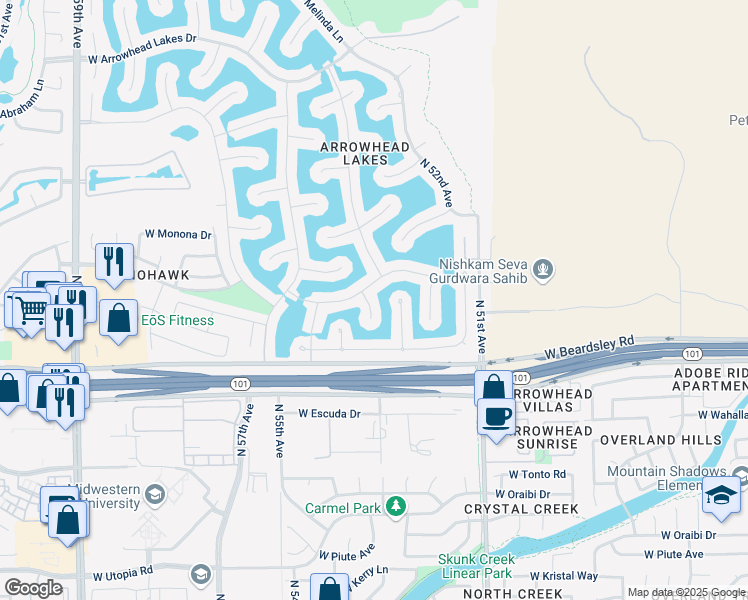 map of restaurants, bars, coffee shops, grocery stores, and more near 5322 West Tonopah Drive in Glendale