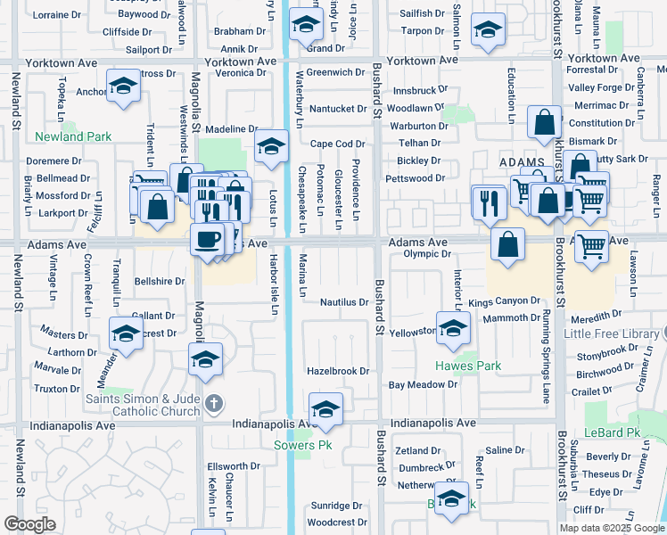 map of restaurants, bars, coffee shops, grocery stores, and more near 20071 Moontide Circle in Huntington Beach