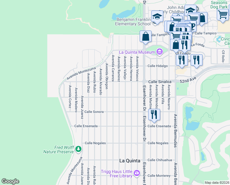 map of restaurants, bars, coffee shops, grocery stores, and more near 51920 Avenue Carranza in La Quinta
