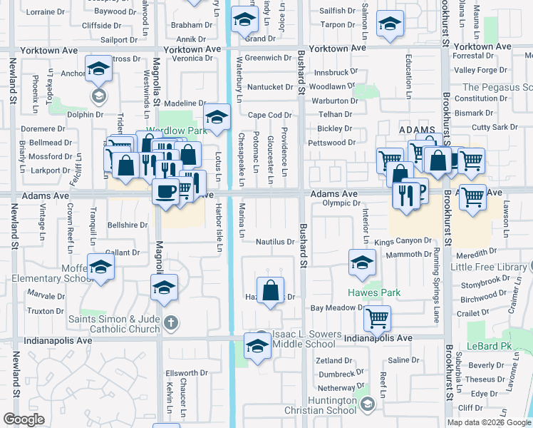map of restaurants, bars, coffee shops, grocery stores, and more near 20071 Moontide Circle in Huntington Beach