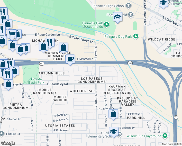 map of restaurants, bars, coffee shops, grocery stores, and more near 20417 North 31st Way in Phoenix