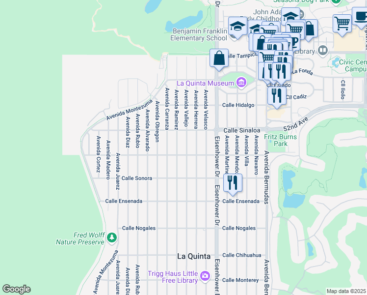 map of restaurants, bars, coffee shops, grocery stores, and more near 51925 Avenue Vallejo in La Quinta