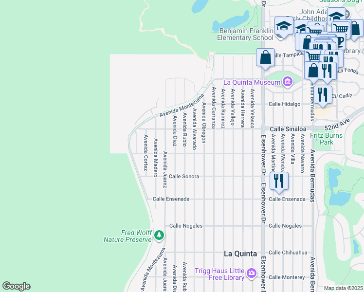 map of restaurants, bars, coffee shops, grocery stores, and more near 51820 Avenue Rubio in La Quinta