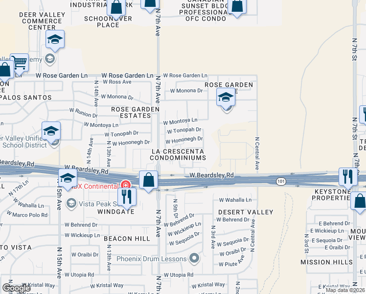 map of restaurants, bars, coffee shops, grocery stores, and more near 502 West Hononegh Drive in Phoenix