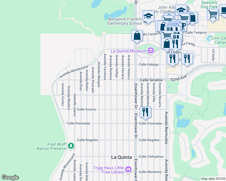 map of restaurants, bars, coffee shops, grocery stores, and more near 51930 Avenue Ramirez in La Quinta