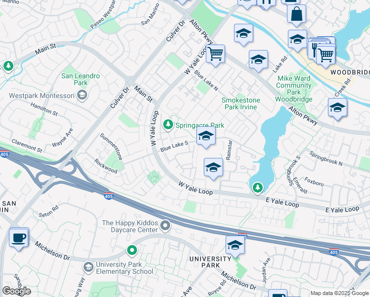 map of restaurants, bars, coffee shops, grocery stores, and more near 18 Elderwood in Irvine
