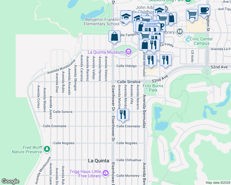 map of restaurants, bars, coffee shops, grocery stores, and more near 51910 Eisenhower Drive in La Quinta