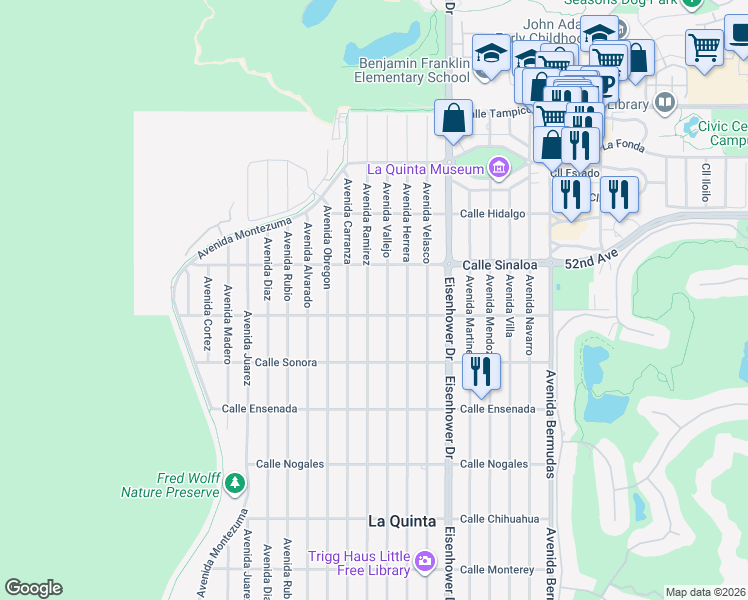 map of restaurants, bars, coffee shops, grocery stores, and more near 51800 Avenue Ramirez in La Quinta