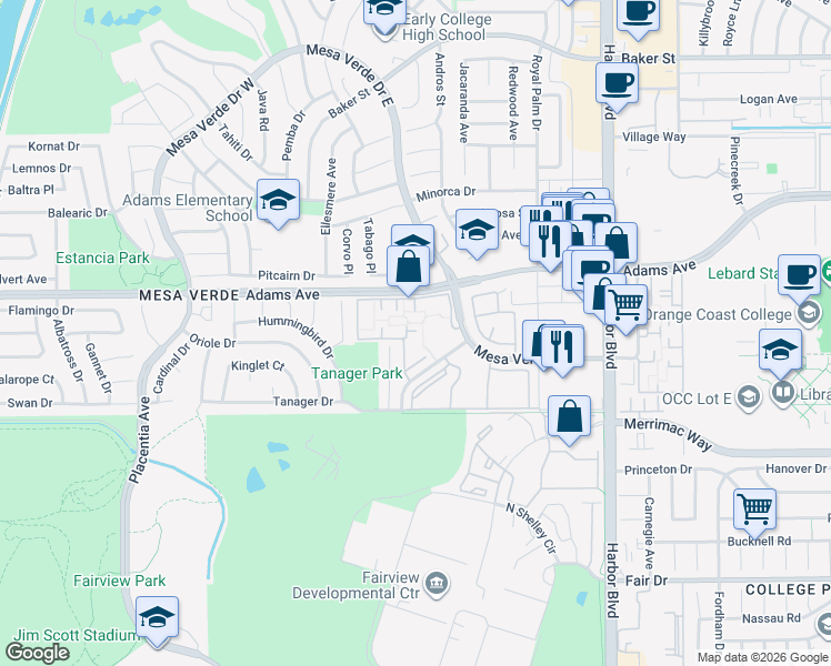 map of restaurants, bars, coffee shops, grocery stores, and more near 2775 Mesa Verde Drive East in Costa Mesa