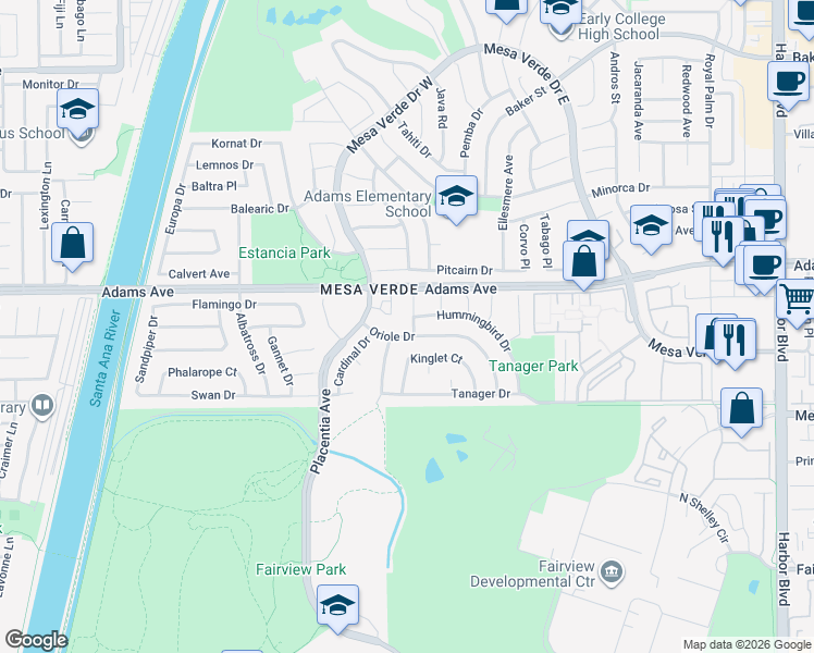map of restaurants, bars, coffee shops, grocery stores, and more near 2761 Bunting Circle in Costa Mesa