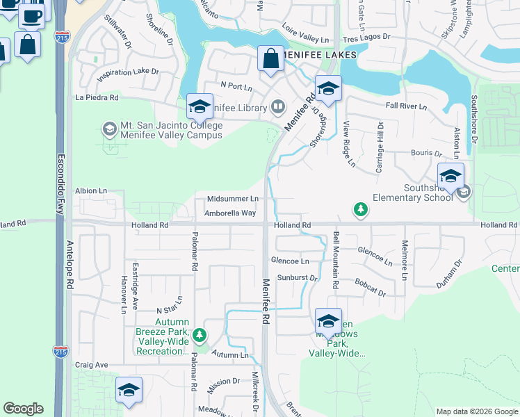 map of restaurants, bars, coffee shops, grocery stores, and more near 30938 Thorn Tree Way in Menifee