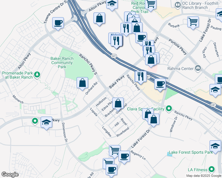 map of restaurants, bars, coffee shops, grocery stores, and more near 101 Red Oak in Lake Forest