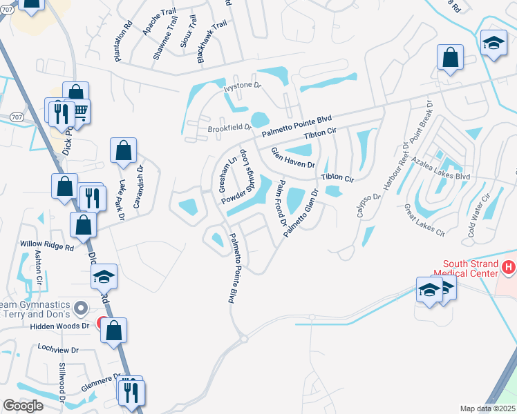 map of restaurants, bars, coffee shops, grocery stores, and more near 141 Powder Springs Loop in Myrtle Beach